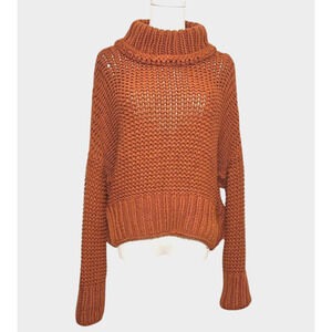 Free People Rust Chunky Knit Mock Neck Cotton Blend Drop Shoulder Sweater Medium